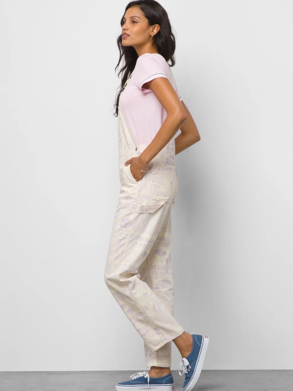 Vans x EM On Holiday Denim Overalls Women's M Cream Purple Newspaper Print - Picture 6 of 8